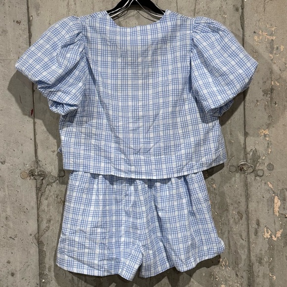 Mable NWT Small Blue Gingham Arleth Stripe Blouse And Shorts Set Puff Sleeve Tie - Picture 3 of 13